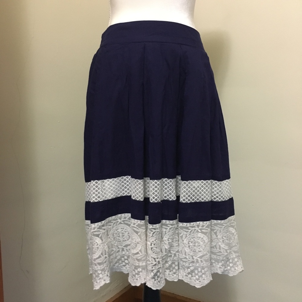 Loft Blue Midi Skirt with Lace Detail